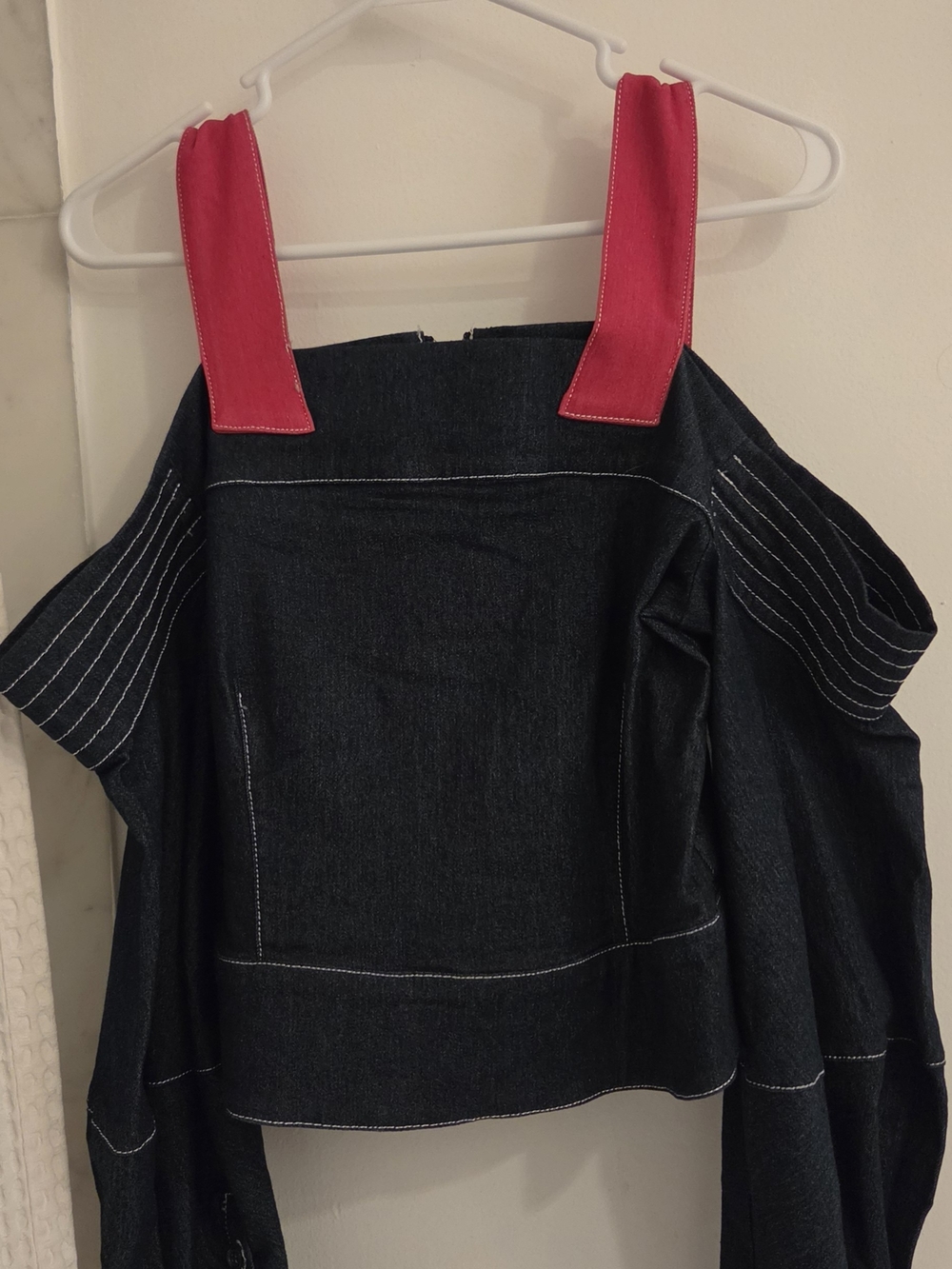 Dark Denim Off-Shoulder Crop Top with Pink Straps